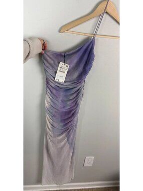 NWT Zara Lilac Tie Dye Mesh Ruched One Shoulder Midi Dress Size XS Women’s